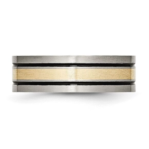 Kazi Luxury Titanium Antiqued & Brushed with 14k Yellow Gold Inlay 7mm Flat B& - Picture 3 of 7